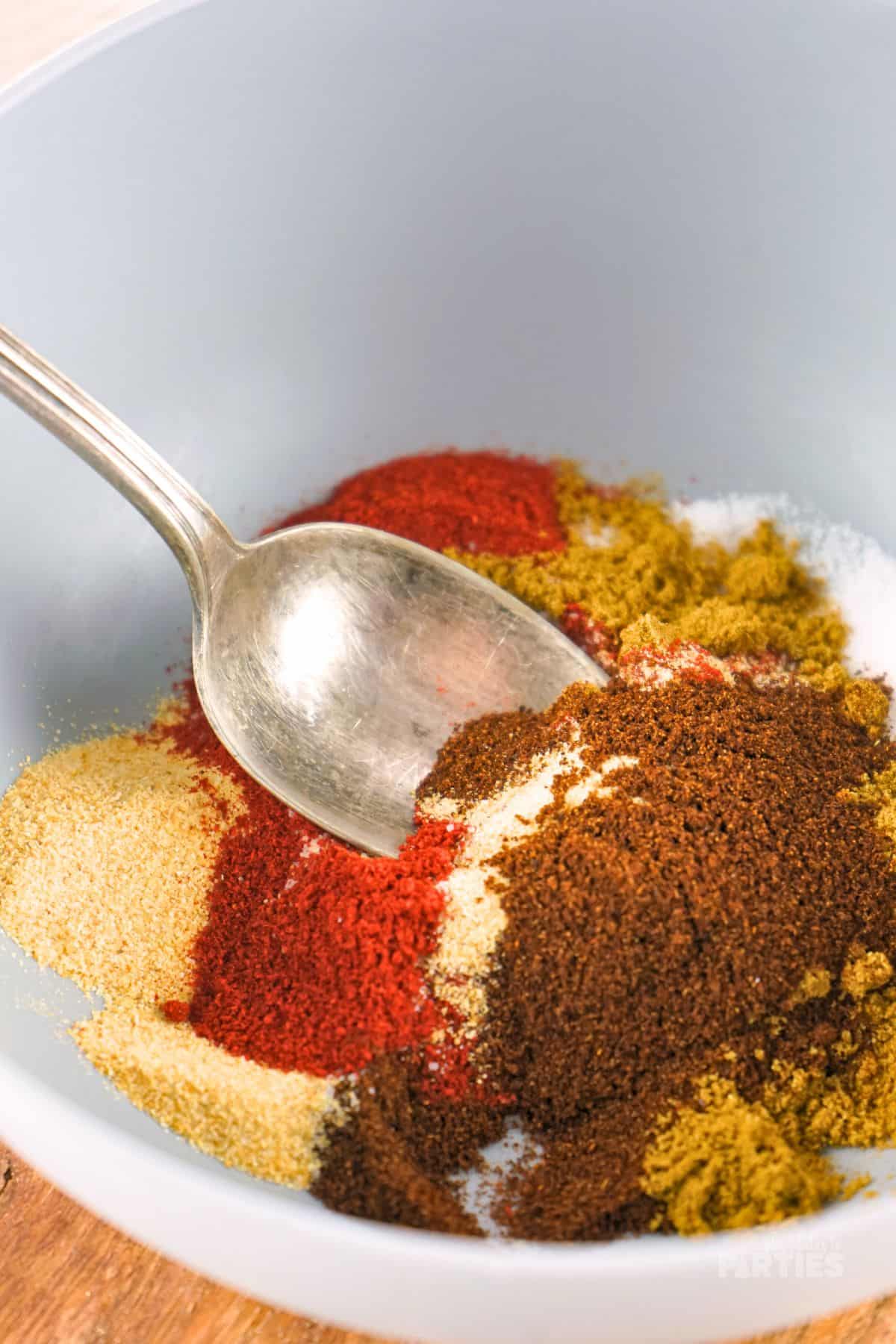 Mixing spices together.