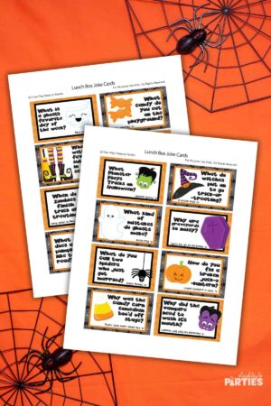 Two pages of printable Halloween joke cards.