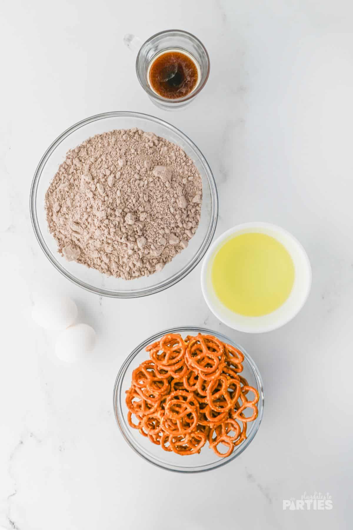 Ingredients for beer brownies with pretzel crust.