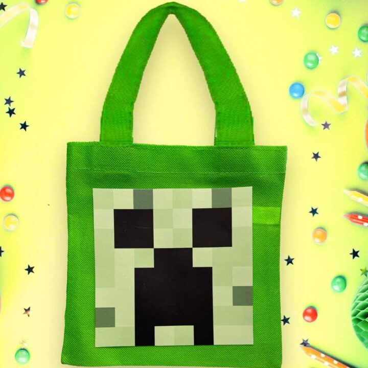 Minecraft Creeper Goody Bag Surrounded by confetti.