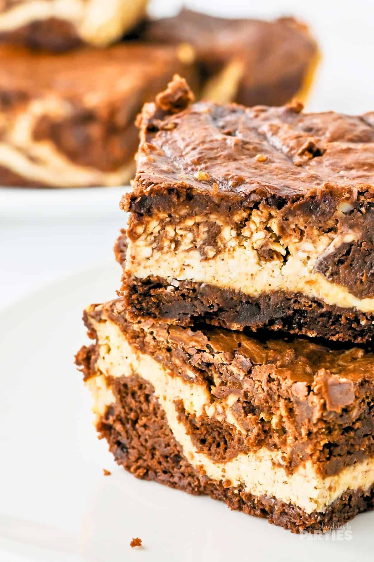 Close up of Java Eggnog brownies showing the swirled layers.