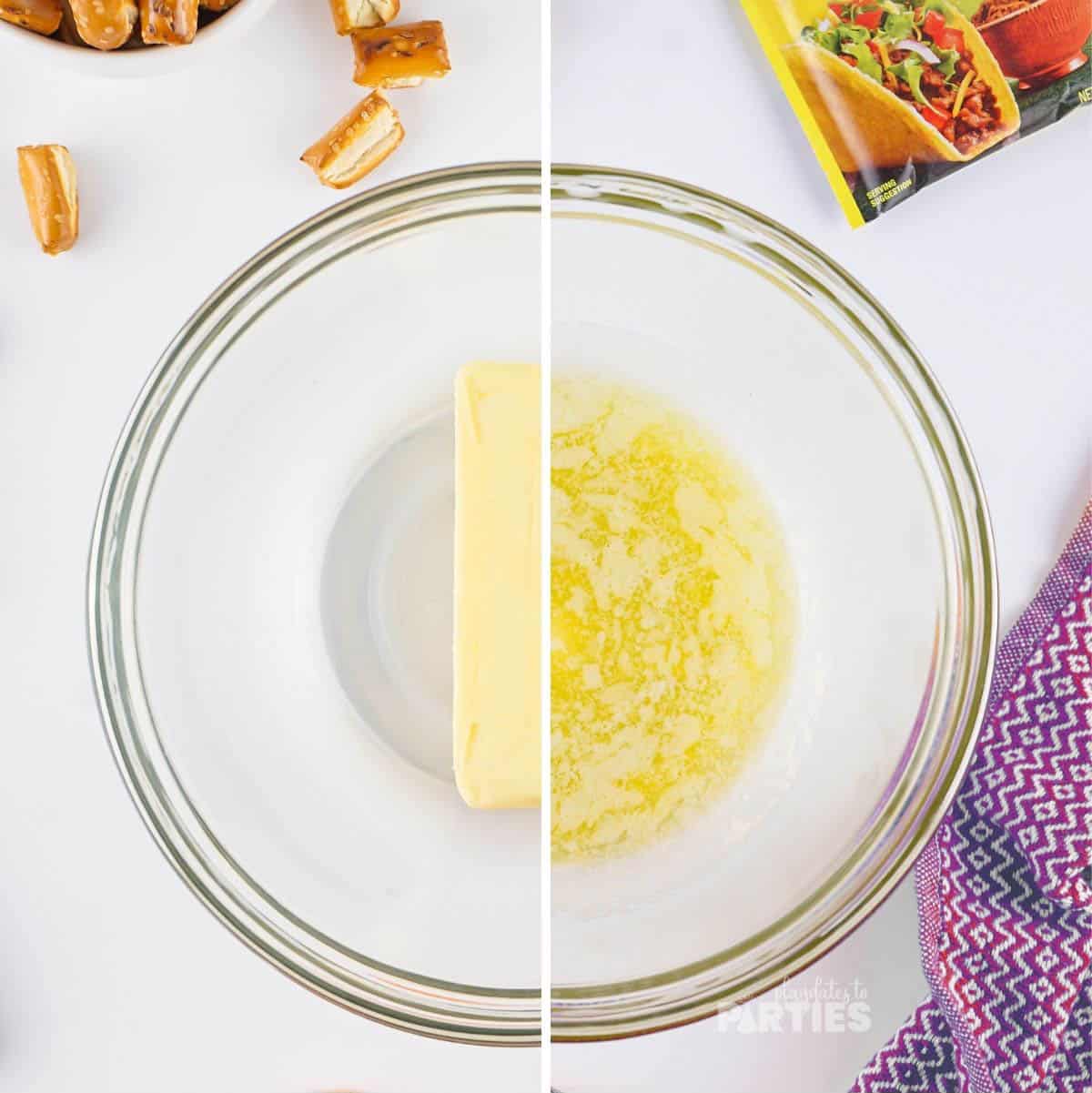 A stick of butter in a bowl before and after melting.