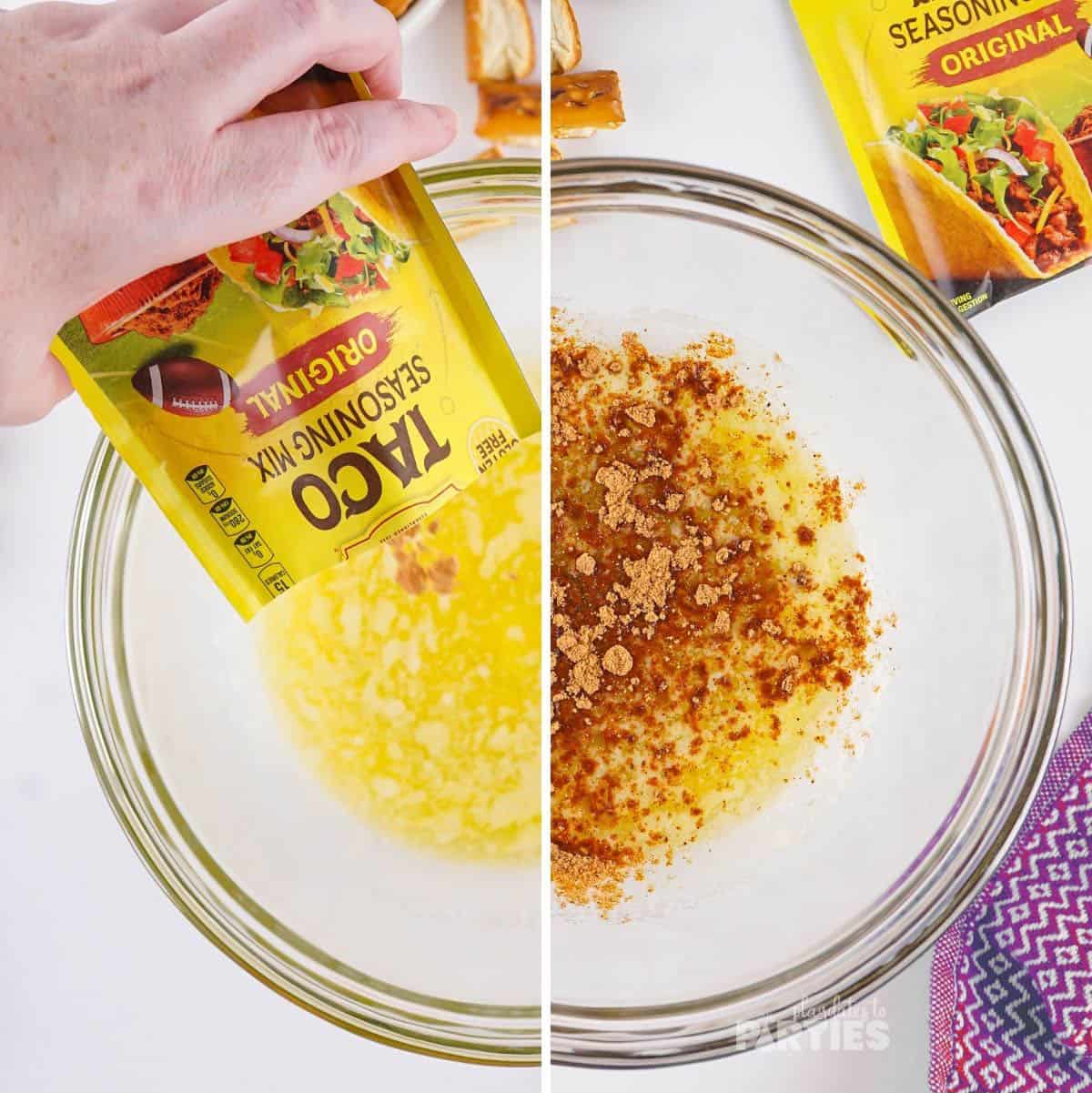 Adding taco seasoning to melted butter.