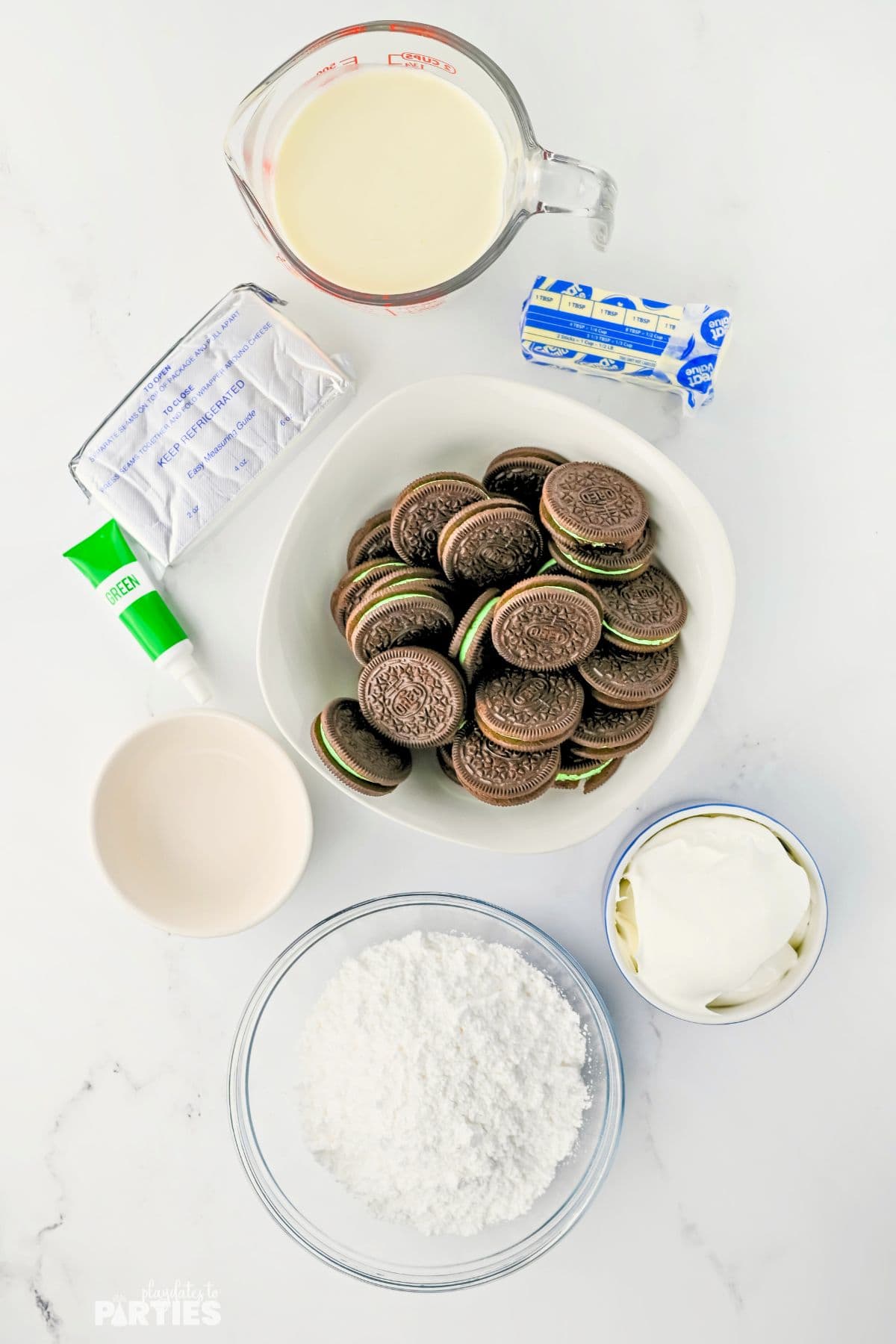Ingredients include cream, cream cheese, mint oreos, powdered sugar, butter, salt, and mint extract.