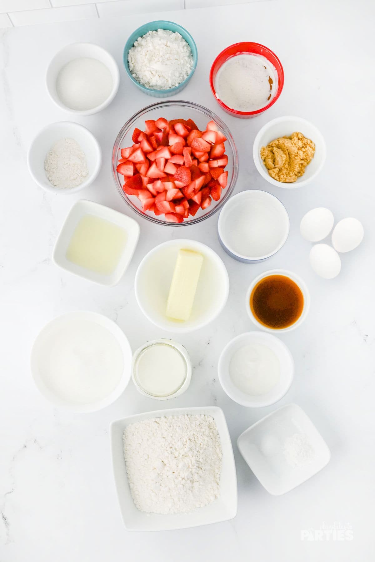 Ingredients for strawberry crumb cake.
