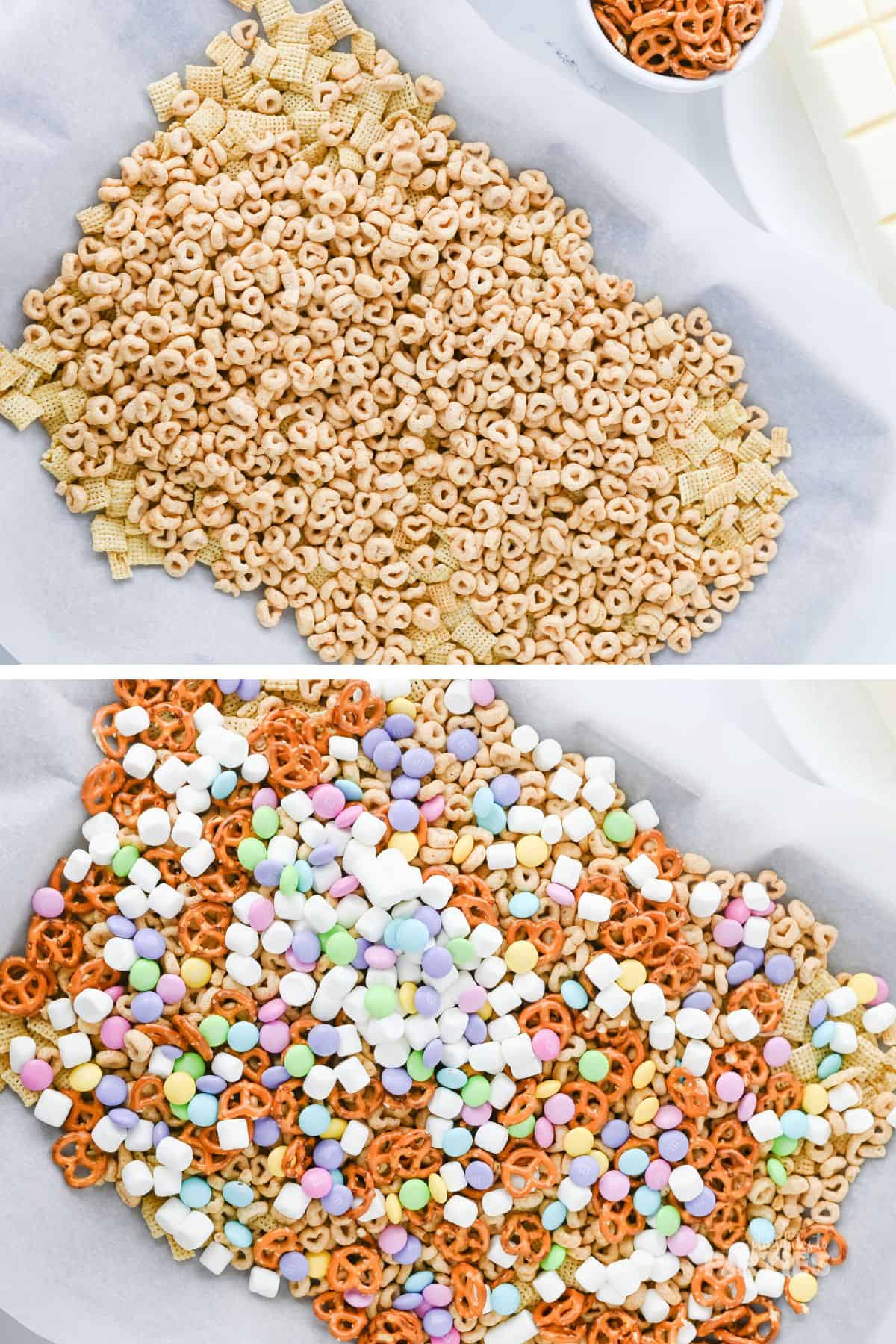 Layering the cereals and candies on a sheet pan.