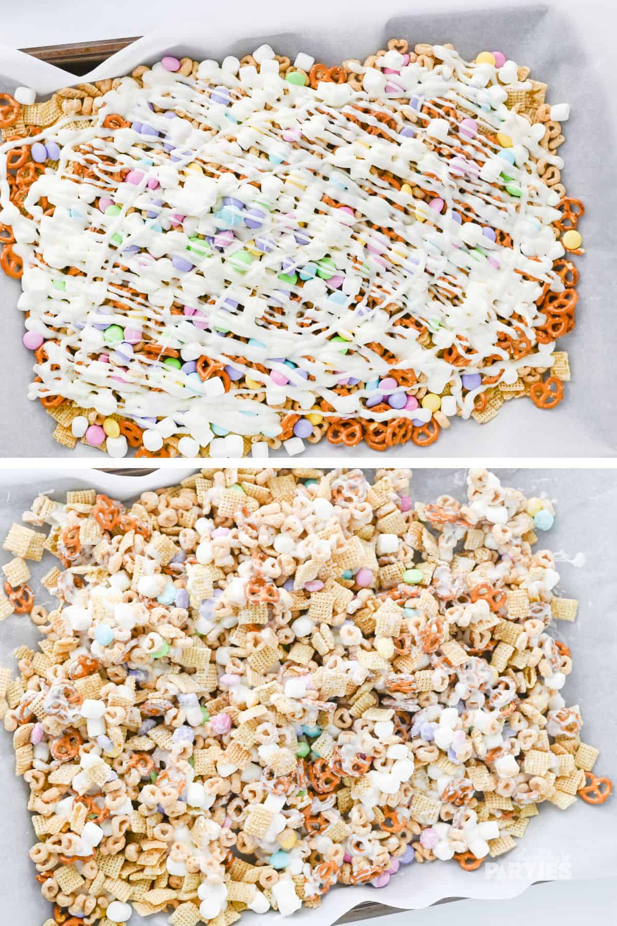 The first drizzle of chocolate is mixed in to lightly coat the Easter snack mix.