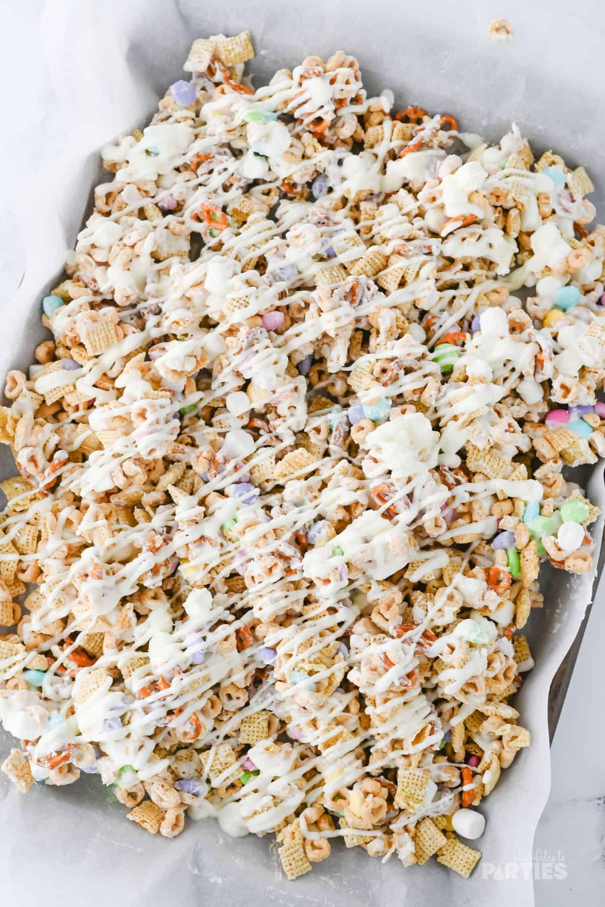 Top the Easter bunny bait with another drizzle of white chocolate.