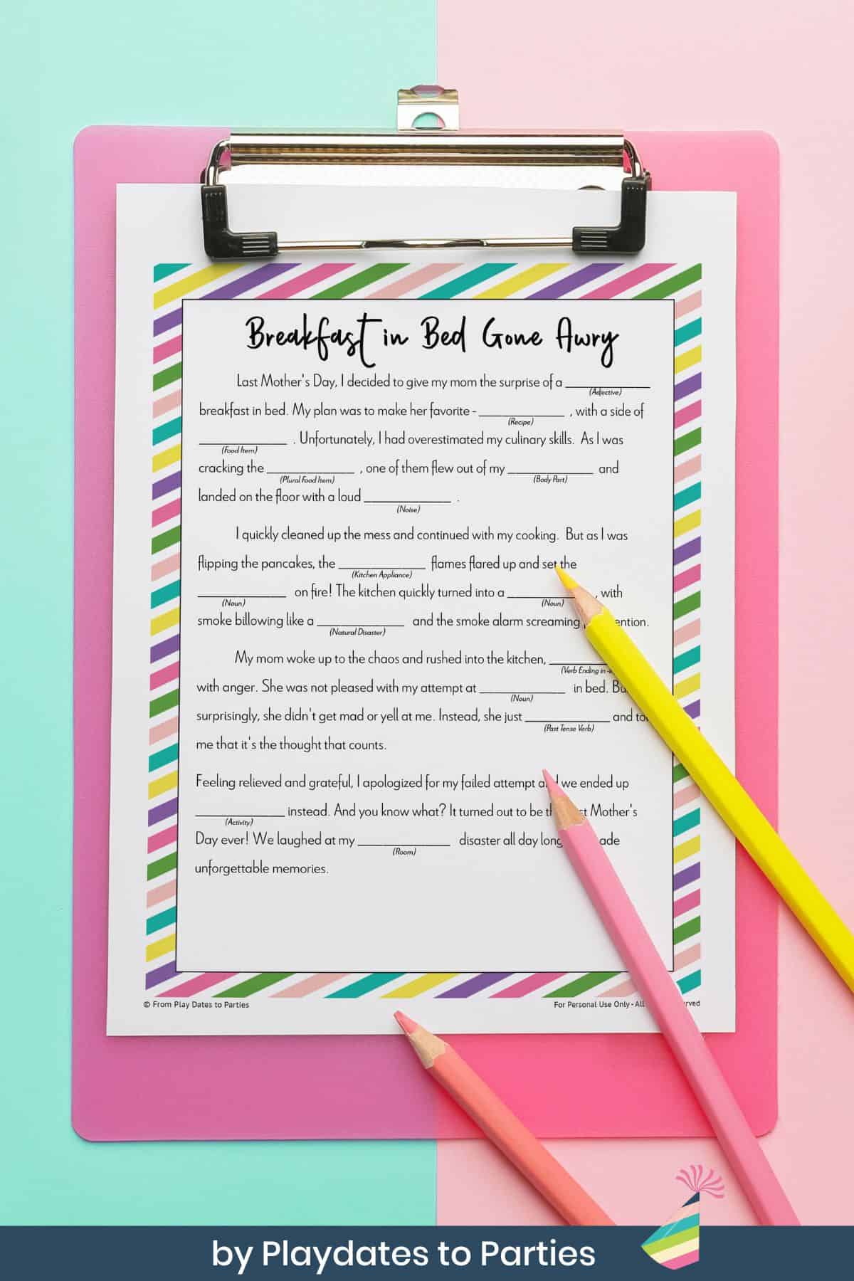 A clipboard with Breakfast in Bed Gone Awry Mad Libs story.