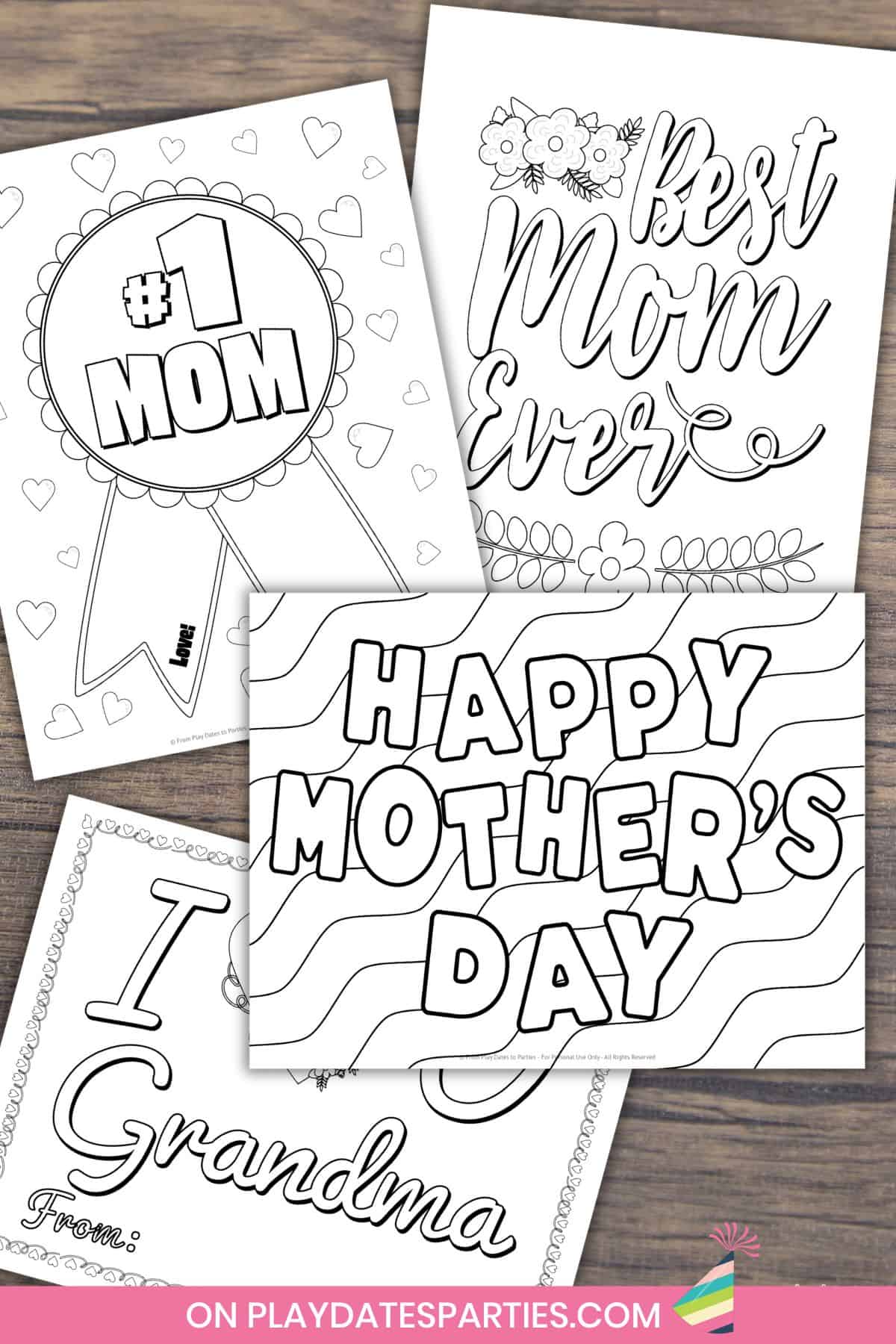 Mothers Day Coloring Pages on a wood surface.