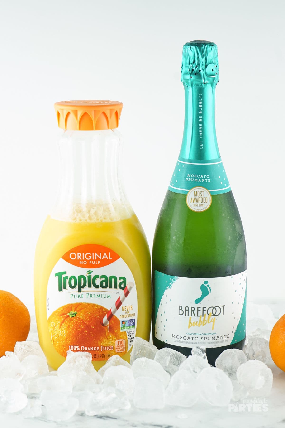 Recipe ingredients include orange juice, sparkling wine, and ice cubes.
