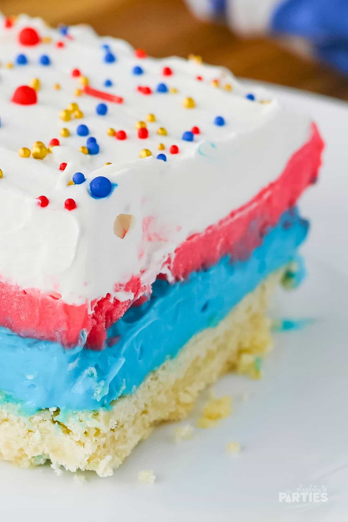 Close up you can see the red, white, and blue layers of the cheesecake lasagna.