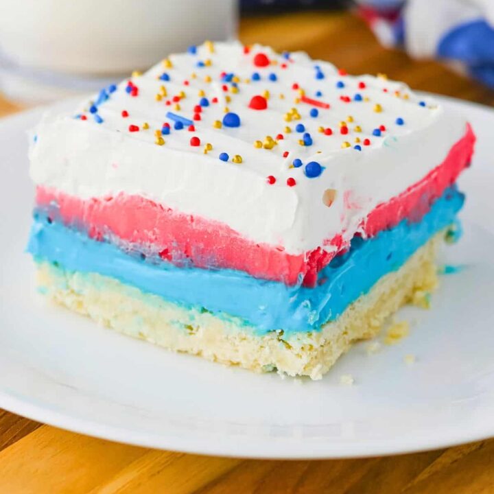 July 4th Cheesecake Lasagna on a white plate.