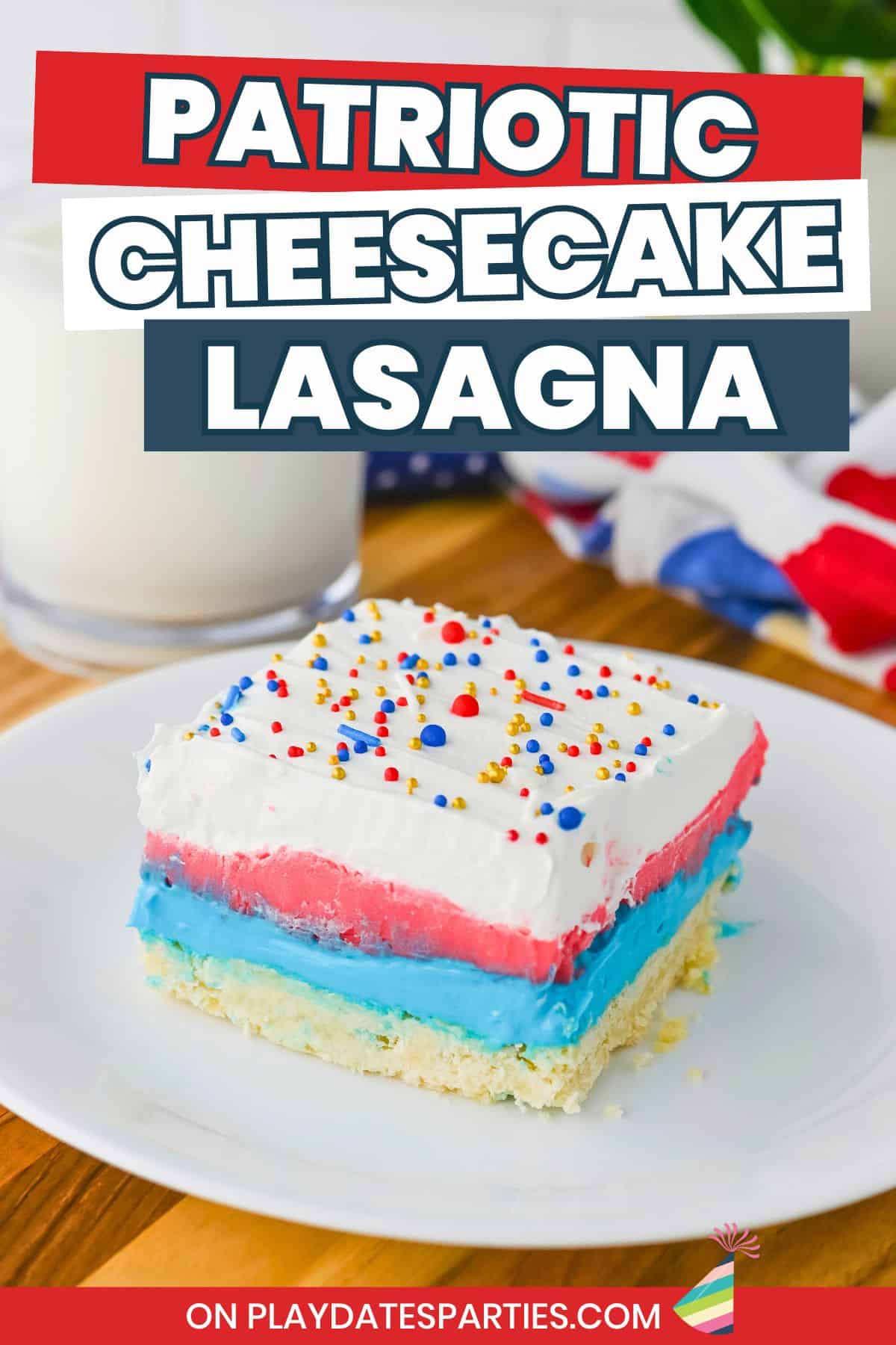 Red White and Blue Cheesecake Lasagna Pin Image.