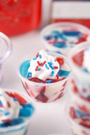 Red white and blue stained glass jello cups.
