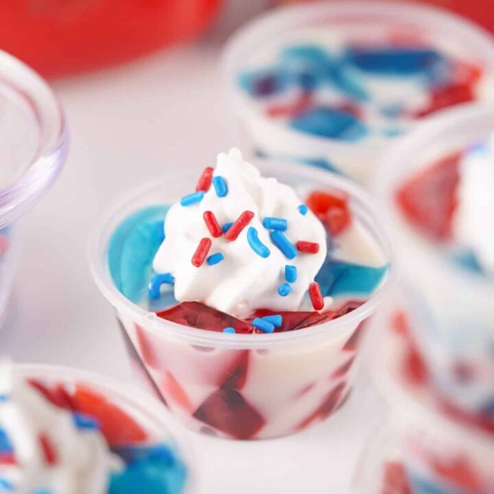 Red white and blue stained glass jello cups.