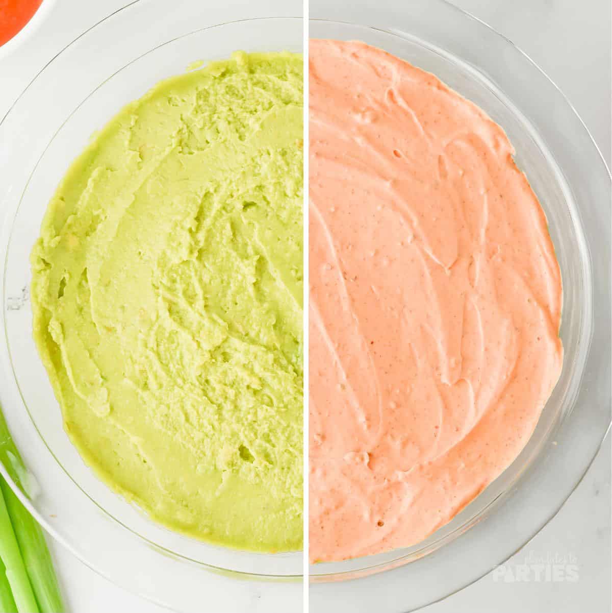 Layering on guacamole then seasoned sour cream.