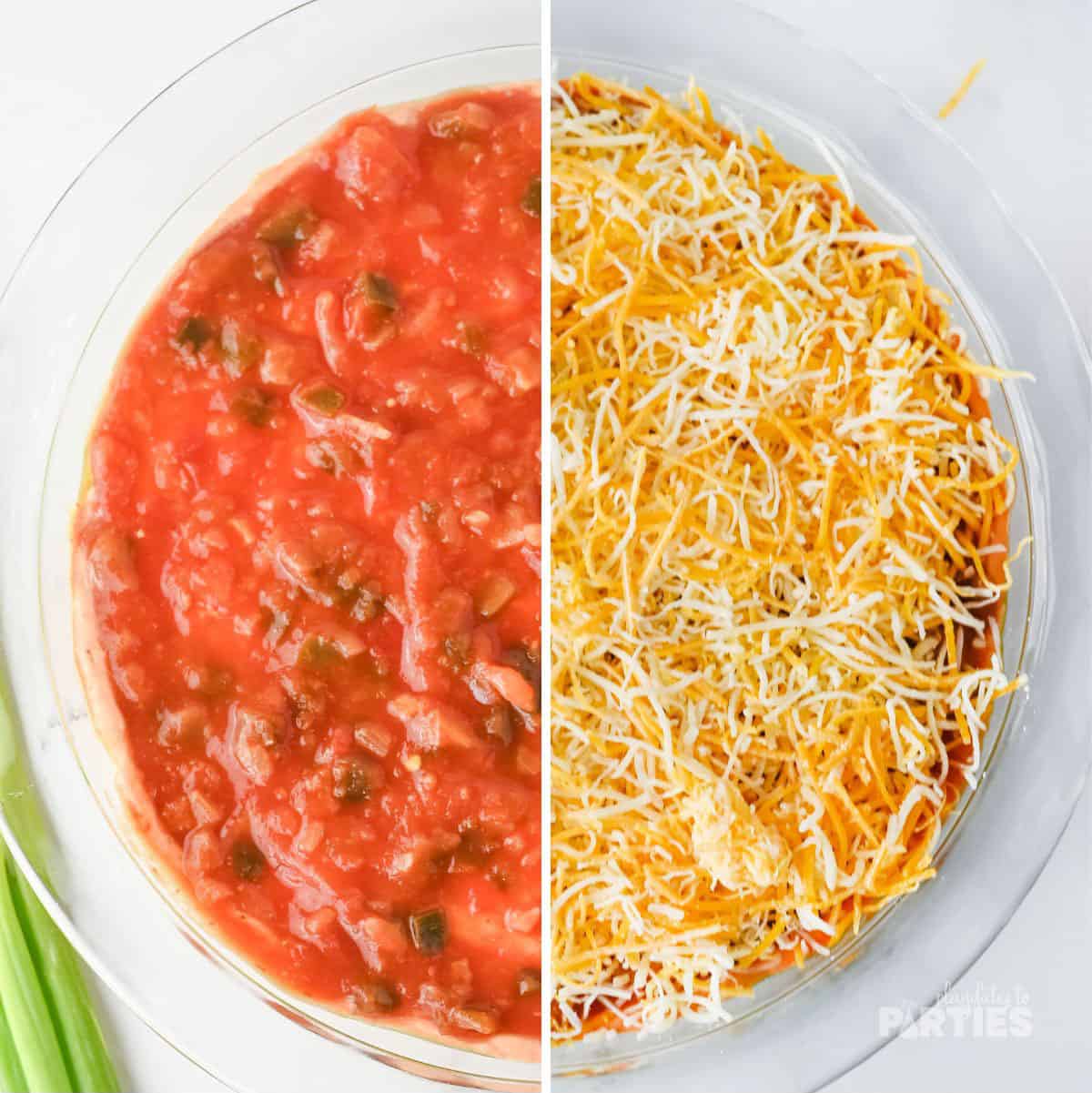 Layering on salsa and shredded cheese.