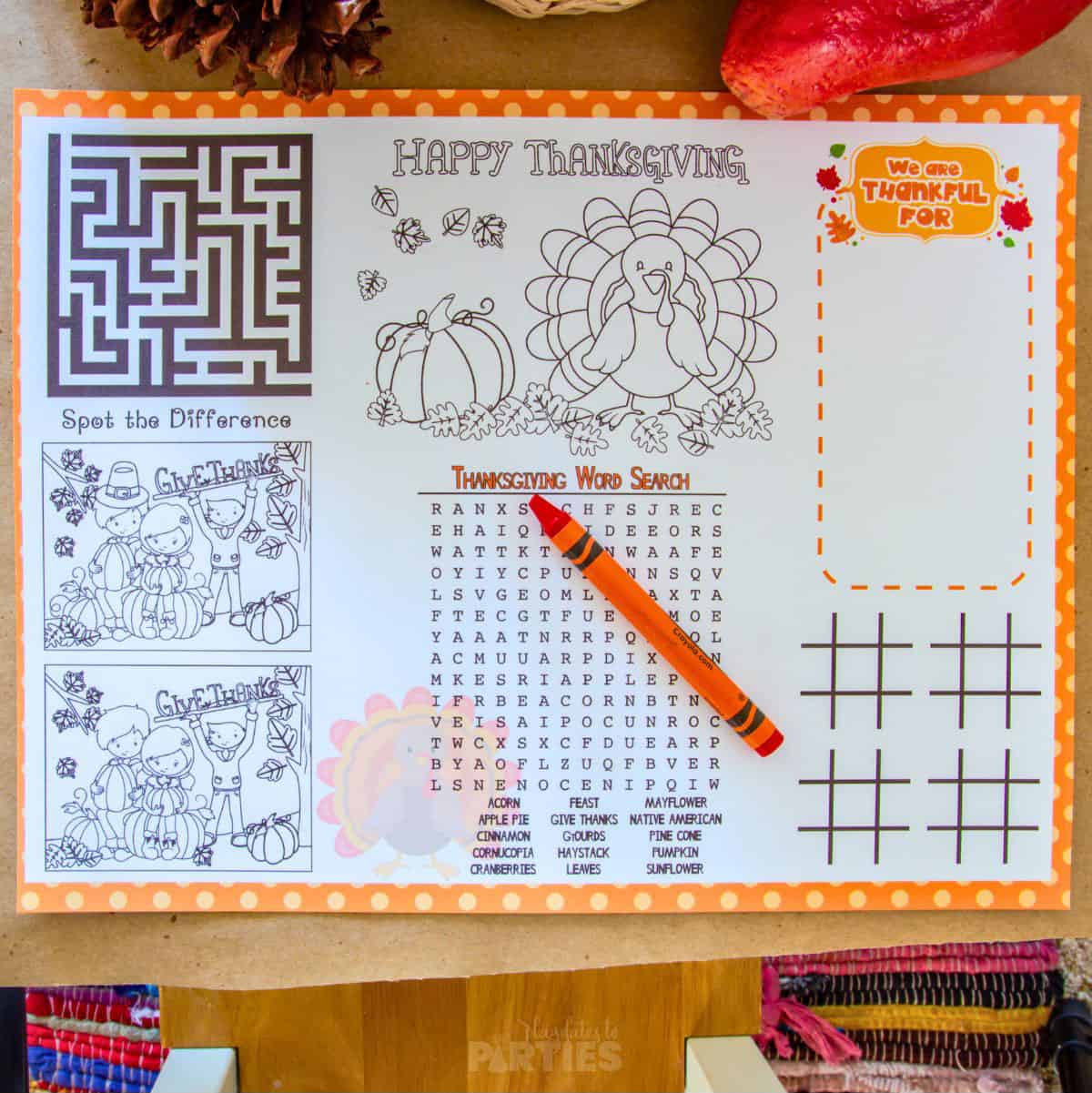 Printable kids placemat with lots of activities.