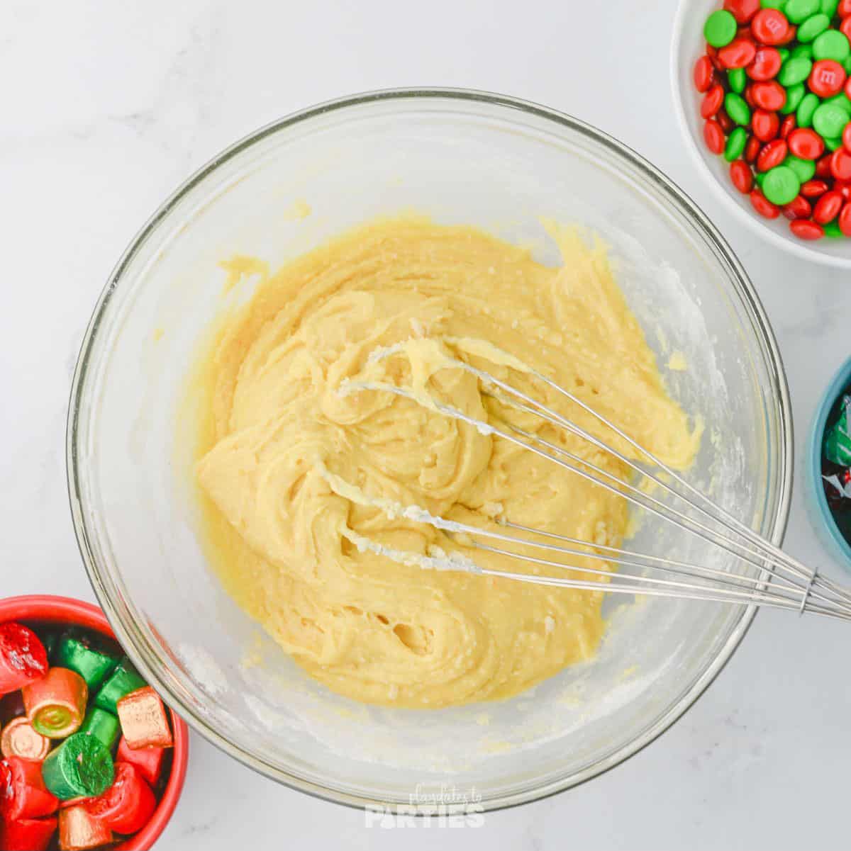 Yellow cake mix prepared as a blondie batter.